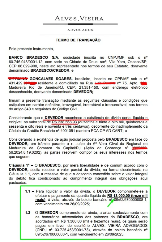 Acordo Bradesco — Redução de R$ 238.568 para R$ 13.000