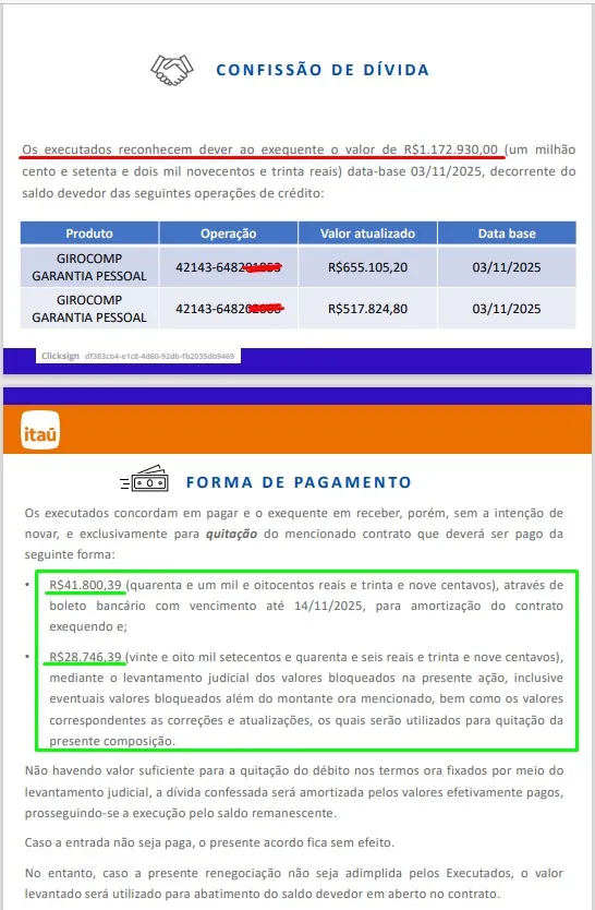 Acordo Itaú — Confissão de dívida com desconto